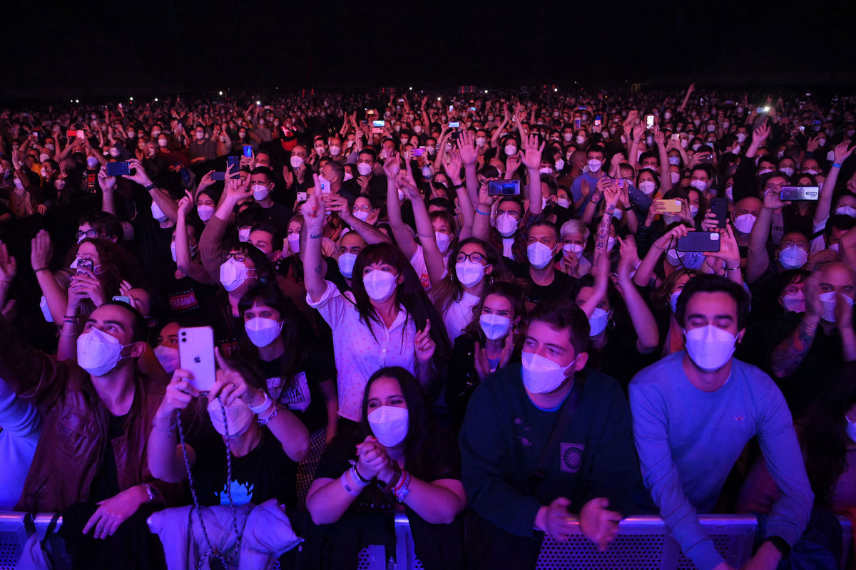 Spectators are waiting for the start of the rock concert of the Spanish band Love of Lesbian in Palau Sant Jordi in Barcelona on March 27, 2021.