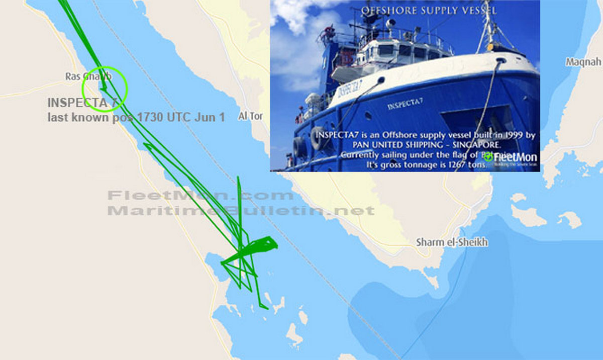 The Egyptian ship INSPECTA-7 sank in the Gulf of Suez near Ras Garab