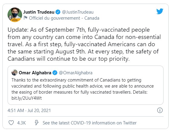 Canada opens borders for fully vaccinated Ukrainians