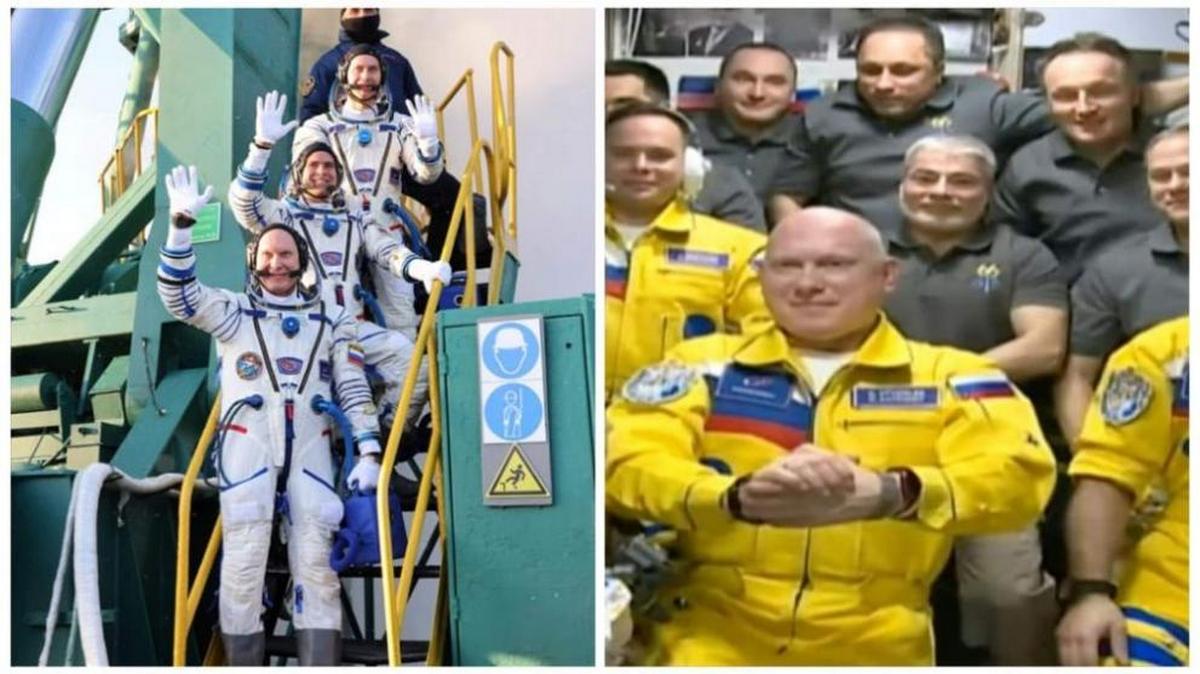 Російські космонавти одягнулися у кольори українського прапора під час посадки на МКС